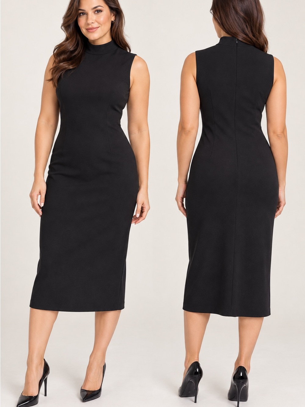 Evan Picone Sleek Black Sleeveless Mock-Neck Midi Dress